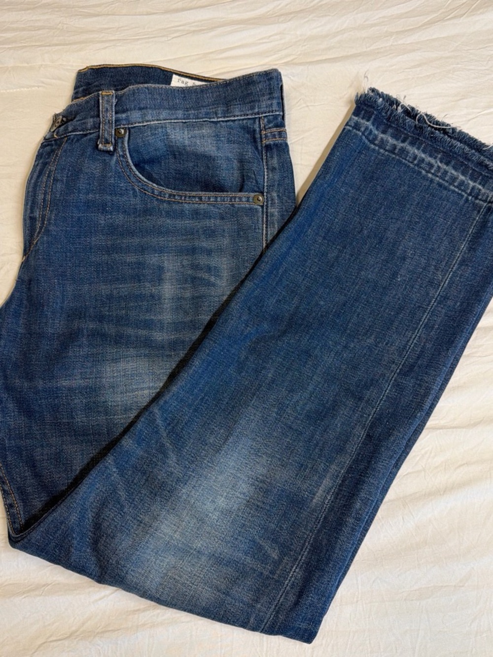 Rag & Bone Mid Blue Straight-Leg Jeans with Frayed Hem